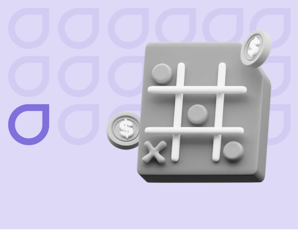 3D graphic of tic-tac-toe game with dollar coins, symbolizing strategic planning in Figfame's social media management service.