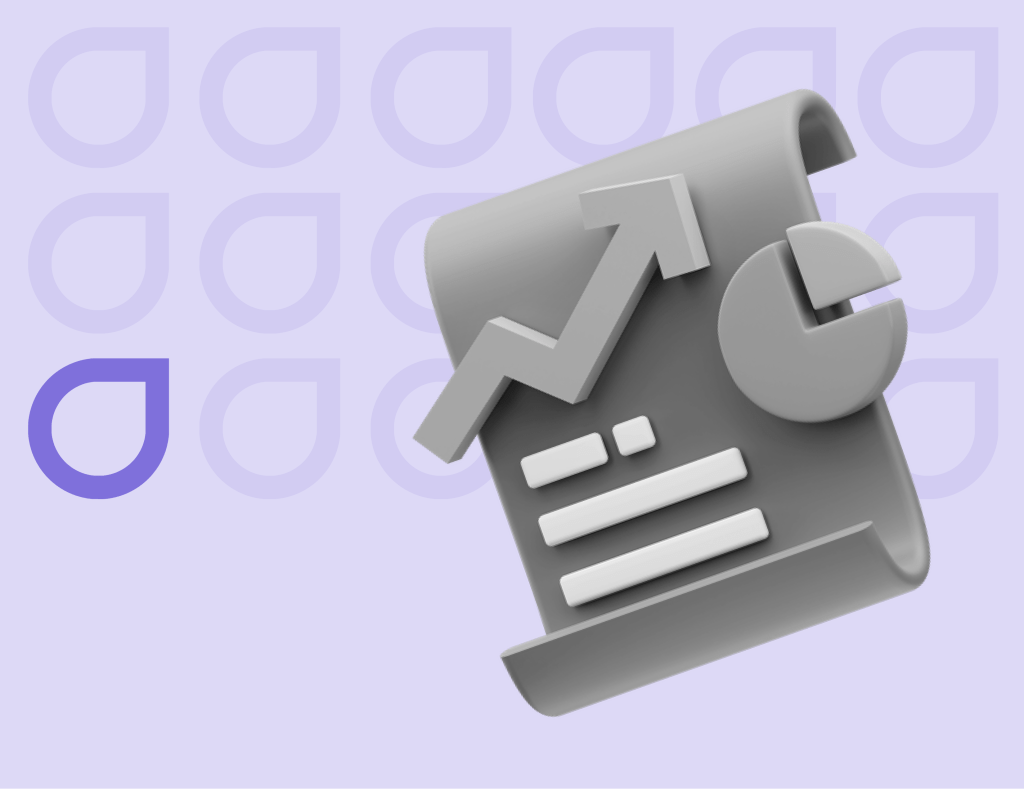 3D graphic of an upward trend arrow and pie chart on a document, symbolizing analytics and growth in Figfame's Shopify development services.
