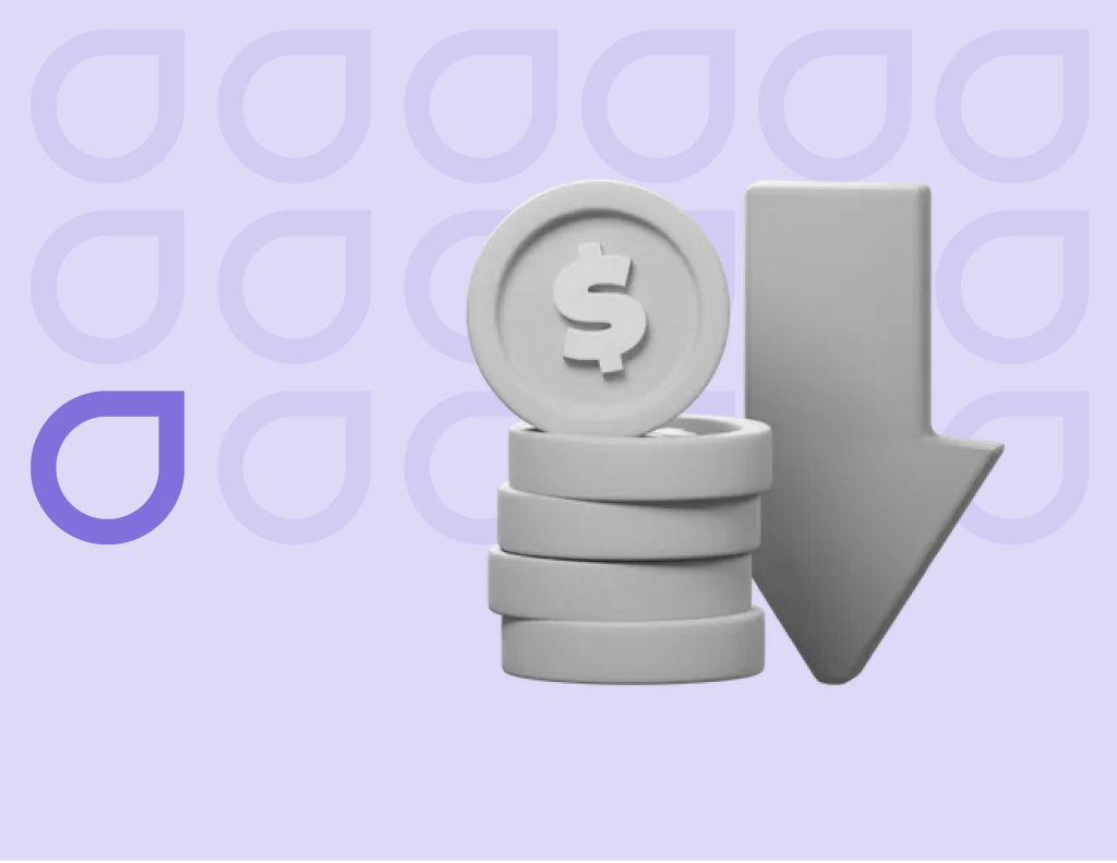 3D illustration of a stack of coins with a dollar sign decreasing in size next to a downward arrow, representing cost-effective solutions in Figfame's WordPress development services.