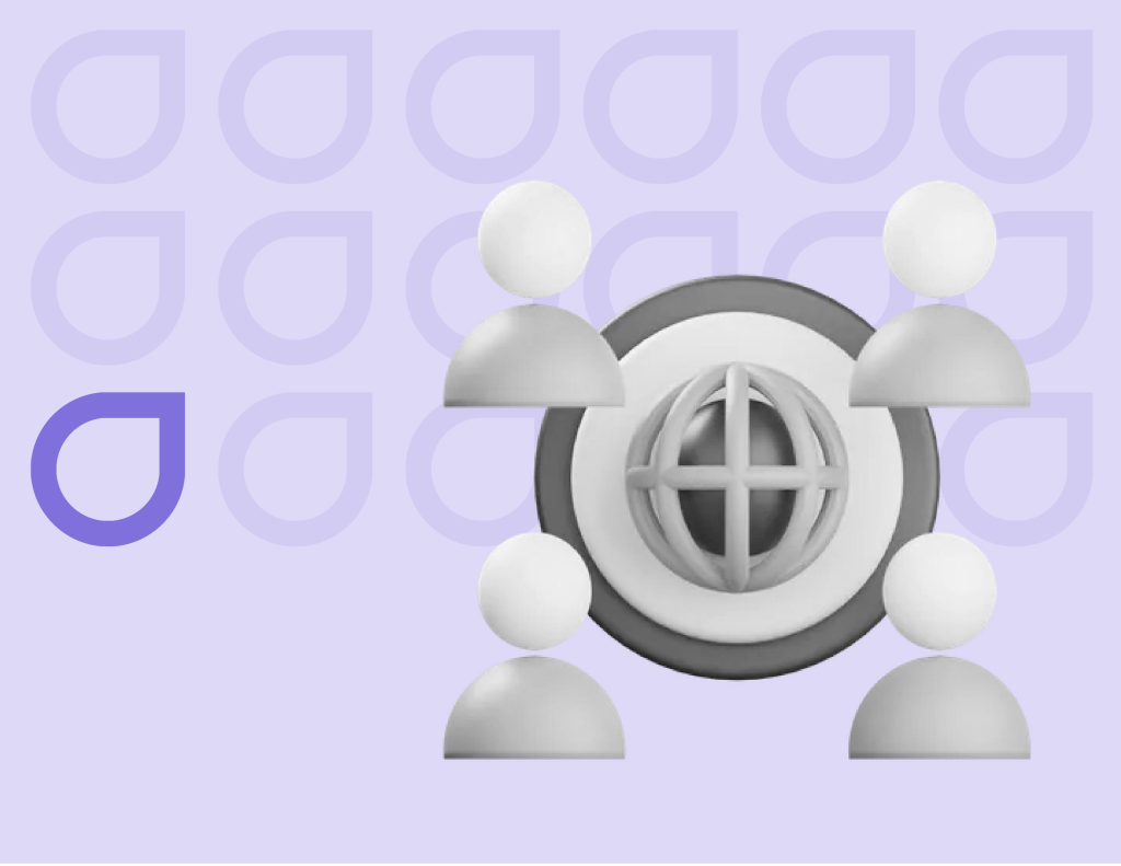 3D graphics of abstract human figures circling a global symbol, on a purple background with Figfame branding, representing network expansion in LinkedIn marketing.