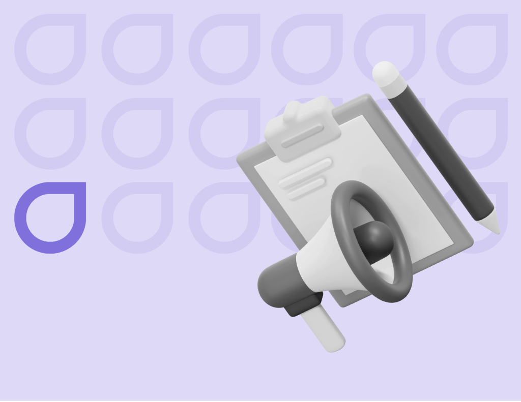 3D composition with a clipboard, pen, and loudspeaker symbolizing Figfame's engaging and authoritative SEO content writing services.