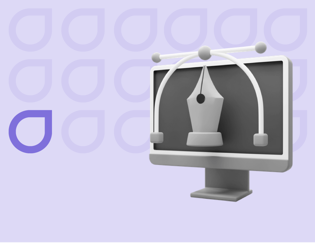 3D illustration of a computer monitor with a pen tool cursor creating bezier curves, signifying Figfame's flexible web design with WordPress development services.