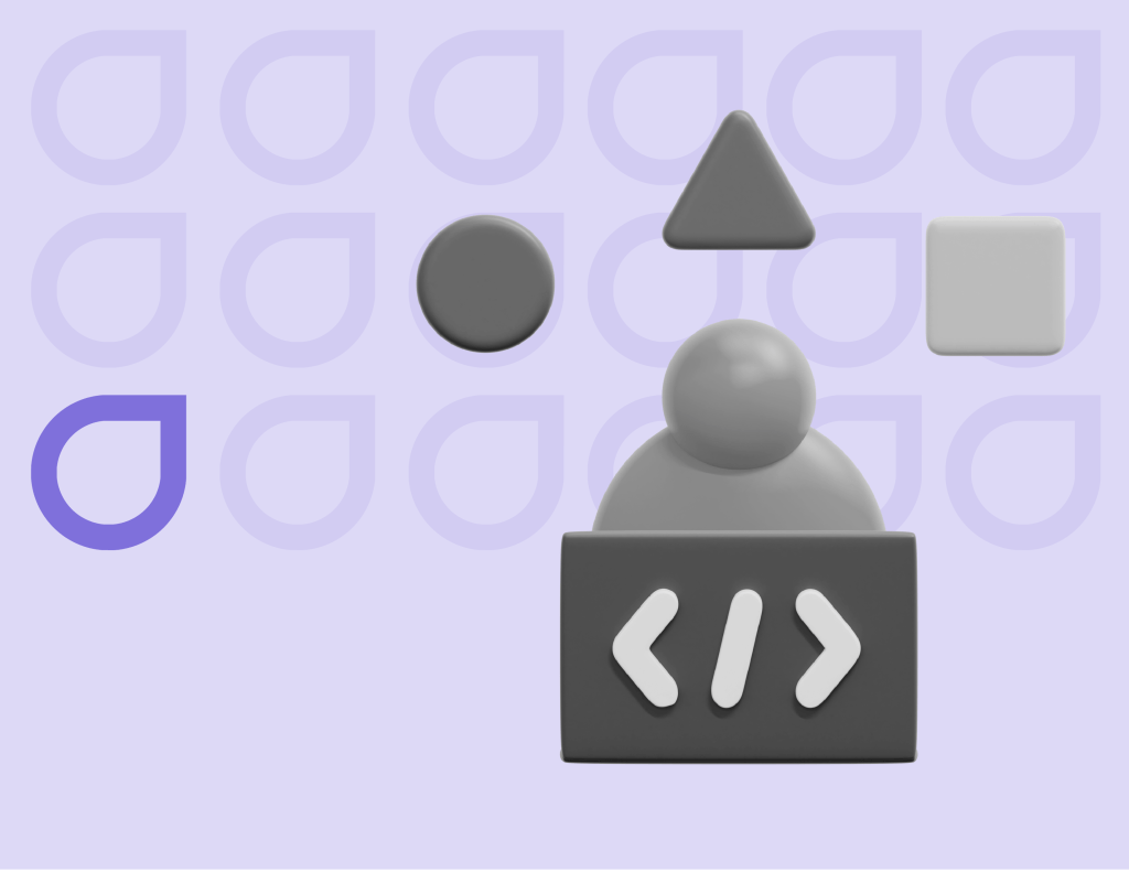 3D illustration of a figure with coding brackets and geometric shapes, denoting the flexibility and versatility in Figfame's illustration services.
