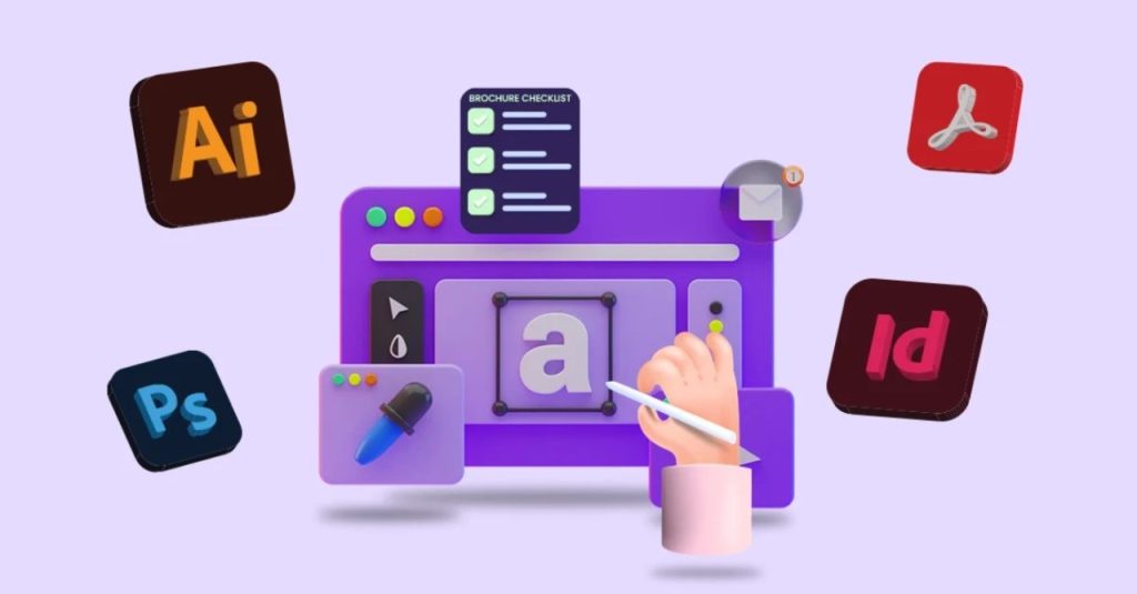 A colorful graphic illustration for a graphic design service by figfame digital marketing agency featuring a stylized desktop with a central drawing tablet displaying the letter 'a'. Surrounding the tablet are floating icons representing design software such as Adobe Illustrator (Ai), Photoshop (Ps), and InDesign (Id), along with a pen tool, a paint dropper, and a brochure checklist. The image conveys a creative and digital design workspace.