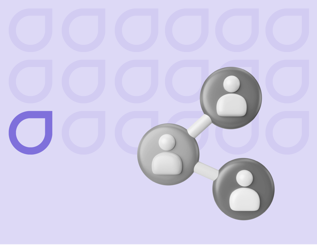 3D illustration of interconnected circles with human silhouettes, signifying instant connection and network in Figfame's illustration services.