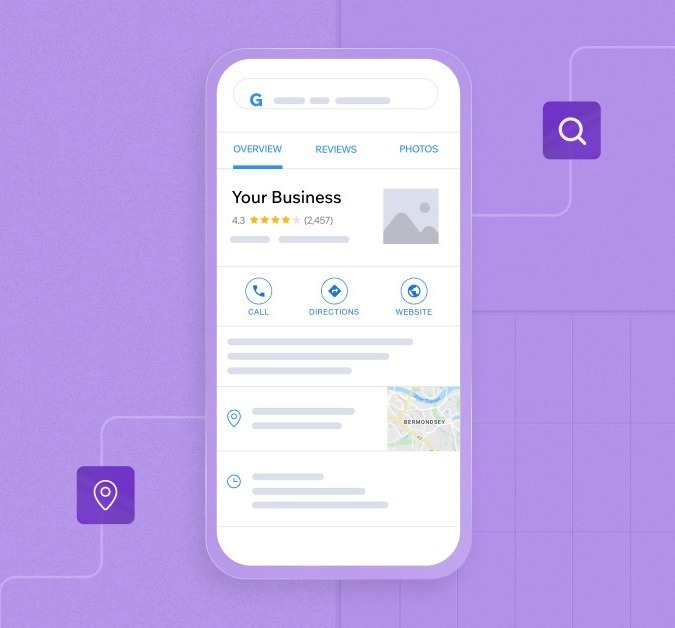 A graphic representation of mobile search results for a local business is displayed on a smartphone search engine page. The interface shows an 'Overview' tab with a rating of 4.3 stars from 2457 reviews and icons for 'Call,' 'Directions,' and 'Website.' This image, set against a purple background with search and location icons, represents local SEO services by Figfame, a digital marketing agency for improving business visibility in local search results.
