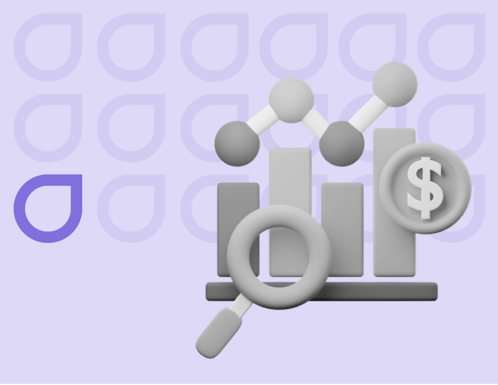 3D diagram of a bar chart with connecting dots, a magnifying glass, and a dollar symbol on a purple background with Figfame branding, indicating measurable ROI in LinkedIn marketing.