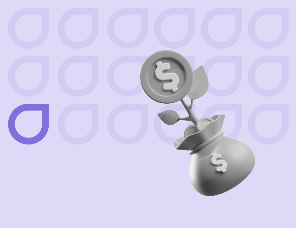 Money bag with a plant sprouting dollar coins on a purple background with Figfame branding, representing measurable ROI from paid search marketing.