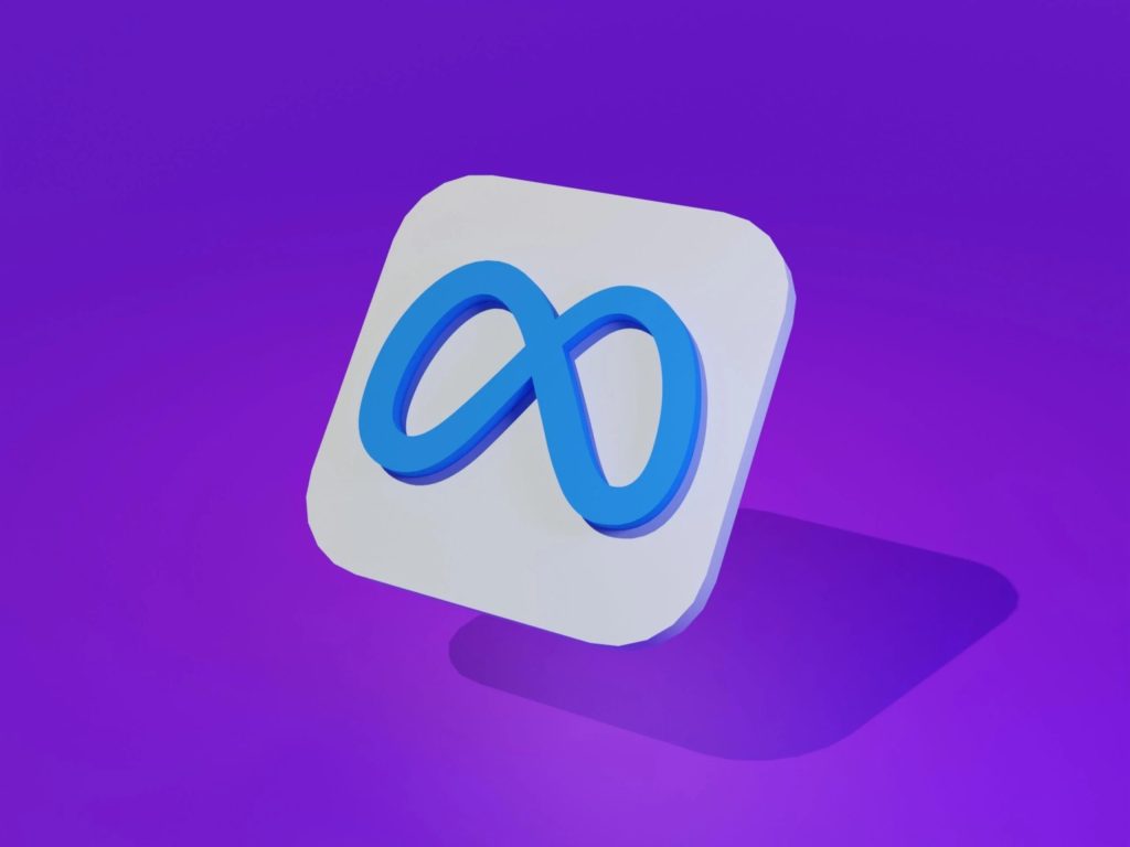 A minimalist 3D illustration of the Meta logo, a blue infinity symbol centered on a white card with rounded corners against a vibrant purple background. This image is designed to represent Meta Marketing services by Figfame, a digital marketing agency, highlighting the concept of infinite possibilities in the digital and social media landscape.
