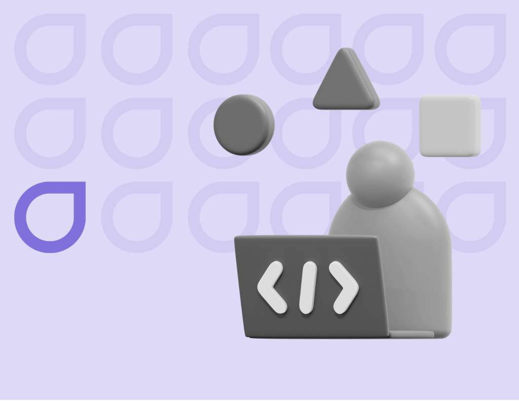 3D depiction of abstract shapes and a figure at a computer with code brackets, representing the scalability and flexibility of Figfame's Shopify development services.