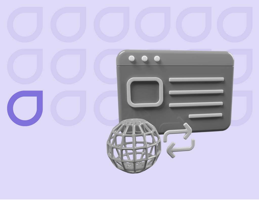 3D model of a web browser window with a wireframe globe and connecting arrows, illustrating Figfame's seamless integration capabilities for Shopify development.