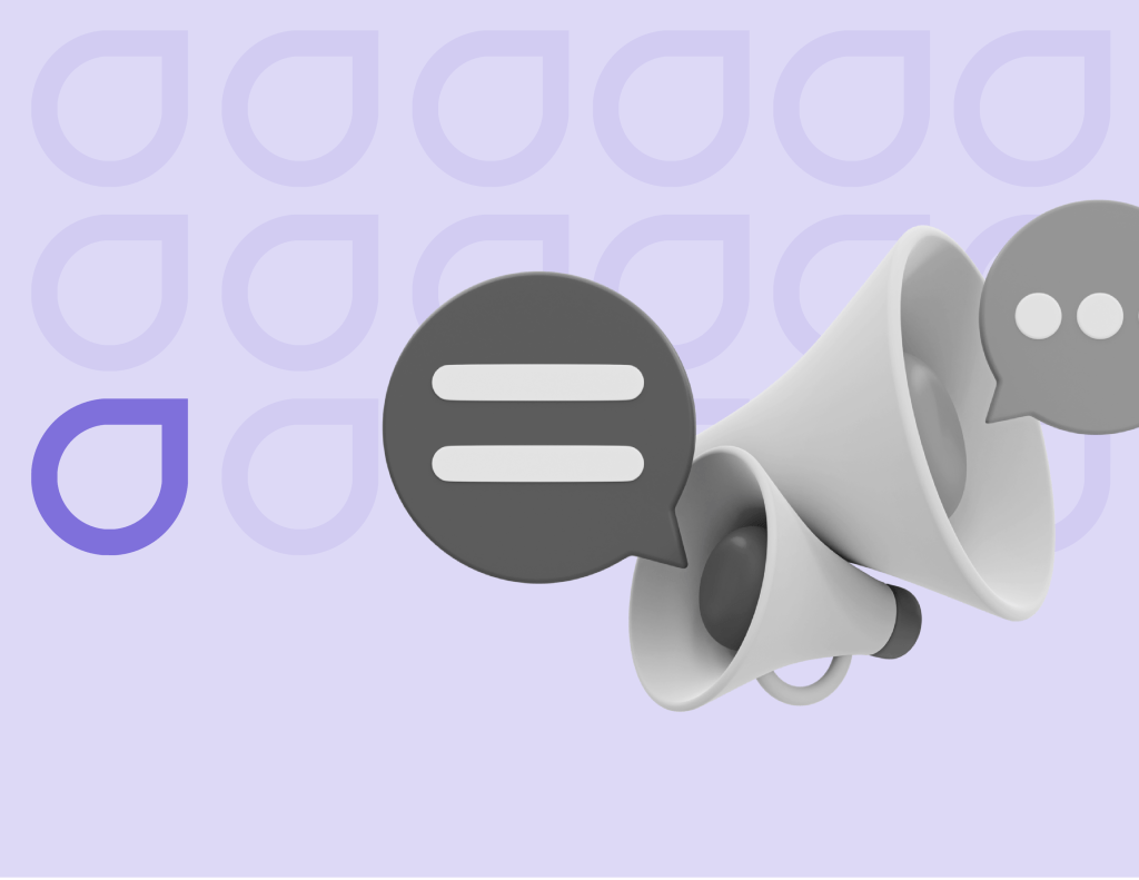 Stylized megaphones with speech bubbles on a purple background featuring the Figfame logo, representing strategic communication in graphic design.
