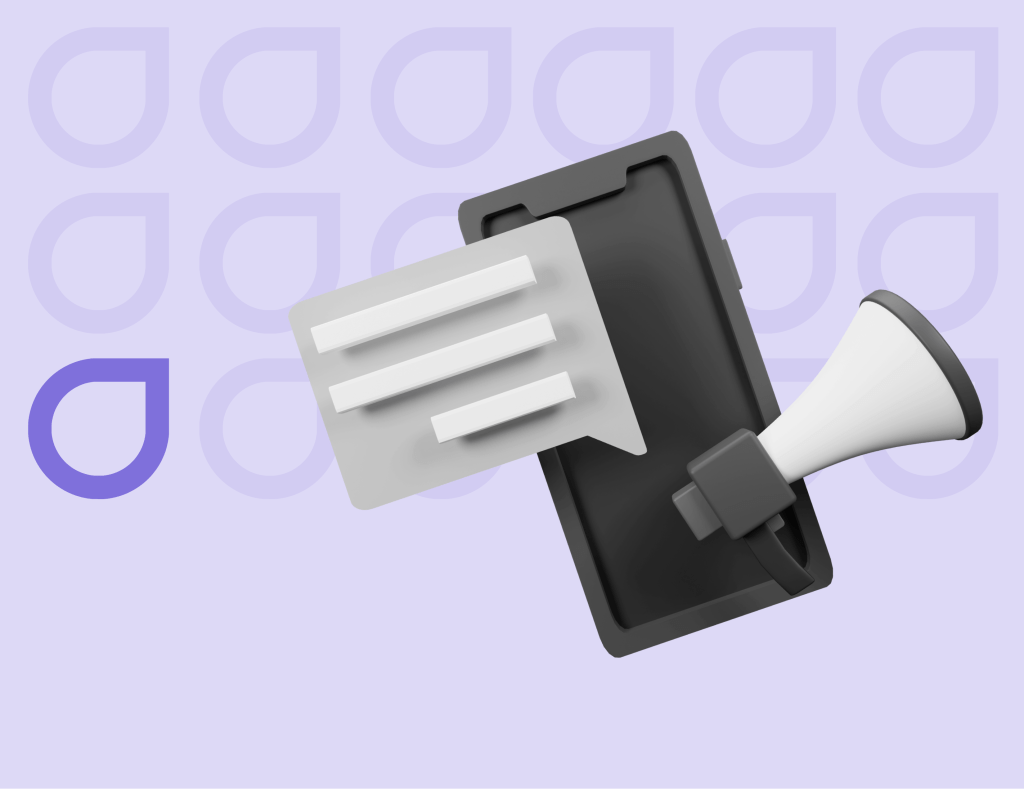 3D graphic of a smartphone with a speech bubble and megaphone emerging from the screen, against a purple background with Figfame branding, symbolizing unified brand presence in Meta marketing.