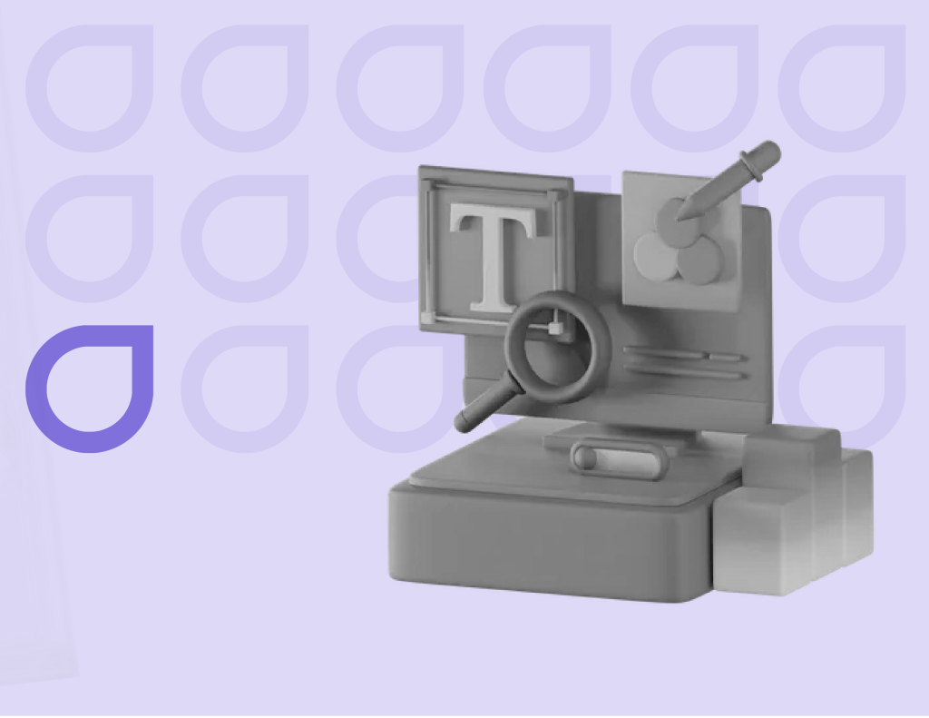 Monochromatic design elements including a magnifying glass over a text symbol, paintbrush on a palette, and designer tools, on a purple background with Figfame logo, highlighting visual identity creation.